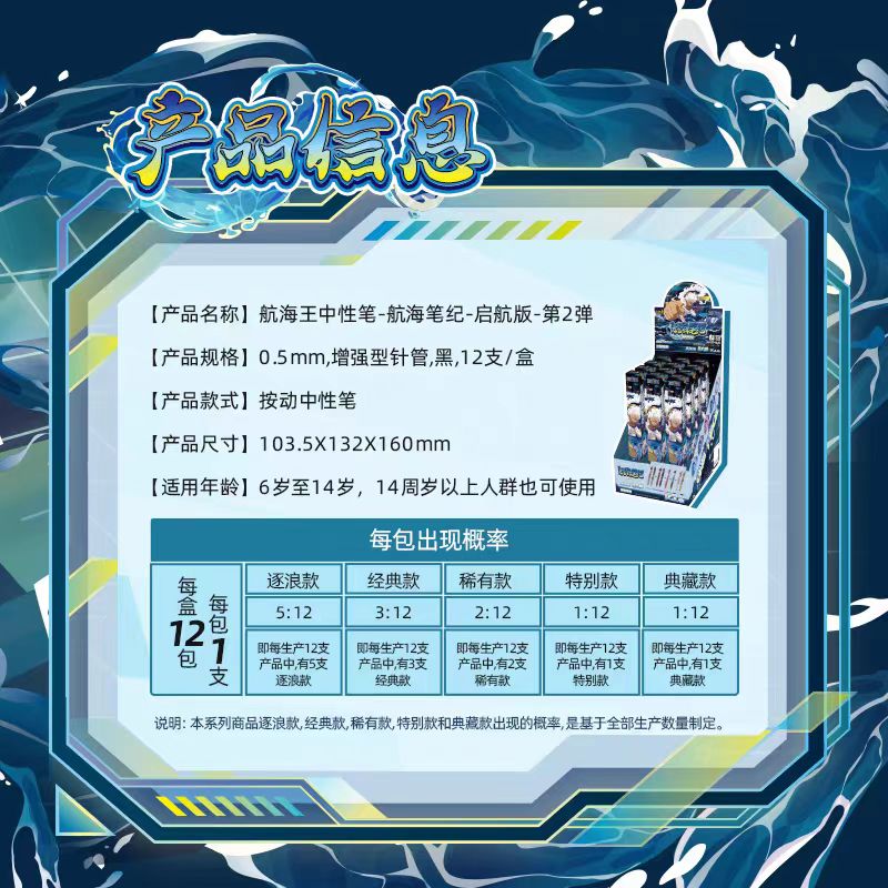 航海筆啟卡航版第2彈1盒(內含12支) 黑色簽字盲盒筆Kayou One Piece中性筆 - 航海筆紀念出發版第二輯,1盒(含12支筆),黑色簽名盲盒筆