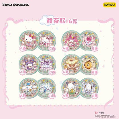 KAYOU Sanrio Family - Double-Sided Candy Badges - Colorful Tea Break 1 Full Box (10 Packs Inside)